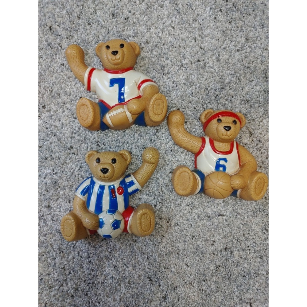 Vtg Syroco Homco Set 3 Teddy Bear Sports Ball Kids Retro Sports Wall Decor